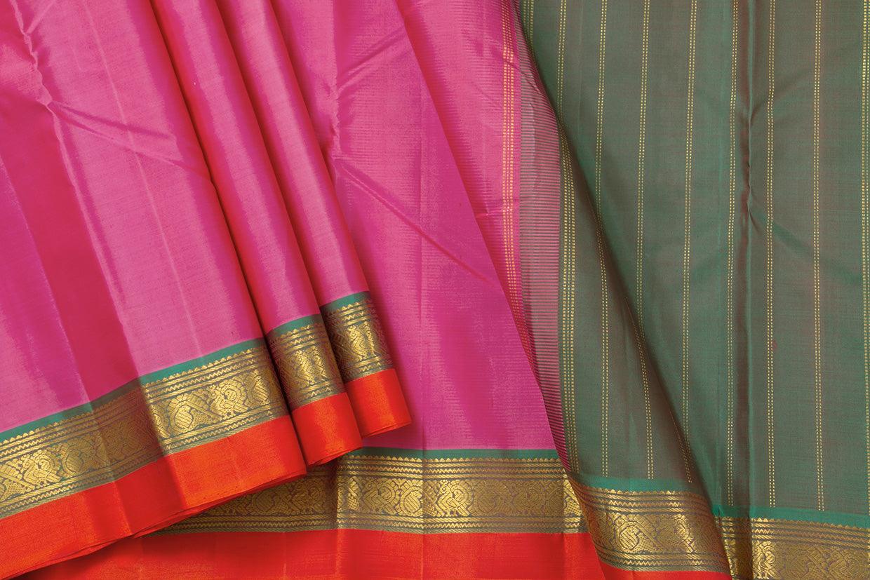 Pink And Green Kanchipuram Silk Saree With Short Border Handwoven Pure Silk For Festive Wear PV J 547 - Silk Sari - Panjavarnam PV J 547