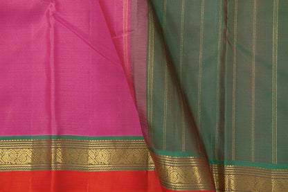 Pink And Green Kanchipuram Silk Saree With Short Border Handwoven Pure Silk For Festive Wear PV J 547 - Silk Sari - Panjavarnam PV J 547