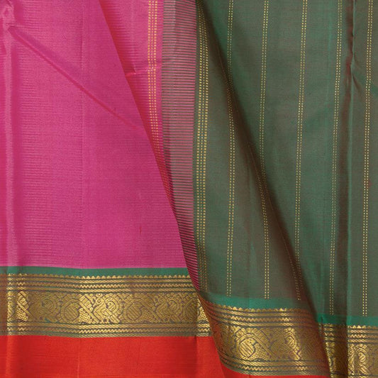 Pink And Green Kanchipuram Silk Saree With Short Border Handwoven Pure Silk For Festive Wear PV J 547 - Silk Sari - Panjavarnam PV J 547