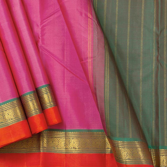 Pink And Green Kanchipuram Silk Saree With Short Border Handwoven Pure Silk For Festive Wear PV J 547 - Silk Sari - Panjavarnam PV J 547
