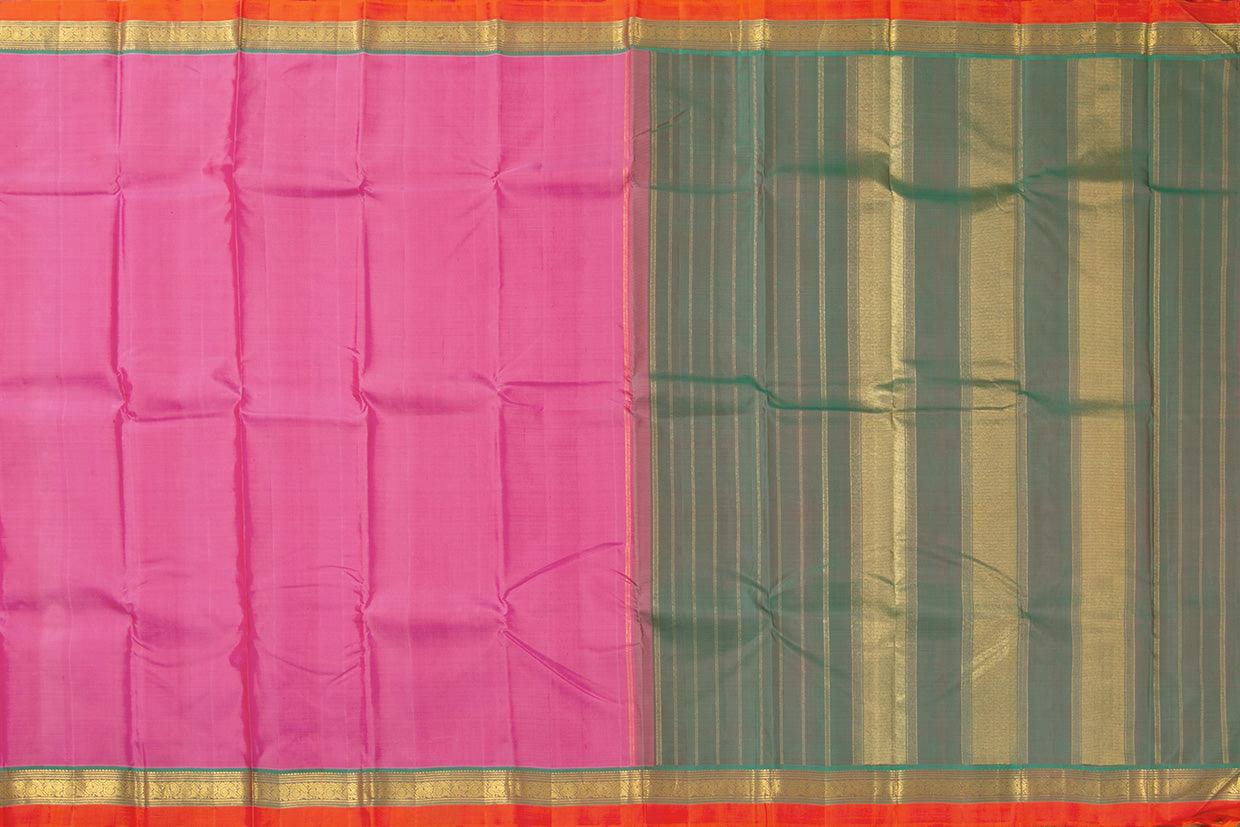 Pink And Green Kanchipuram Silk Saree With Short Border Handwoven Pure Silk For Festive Wear PV J 547 - Silk Sari - Panjavarnam PV J 547