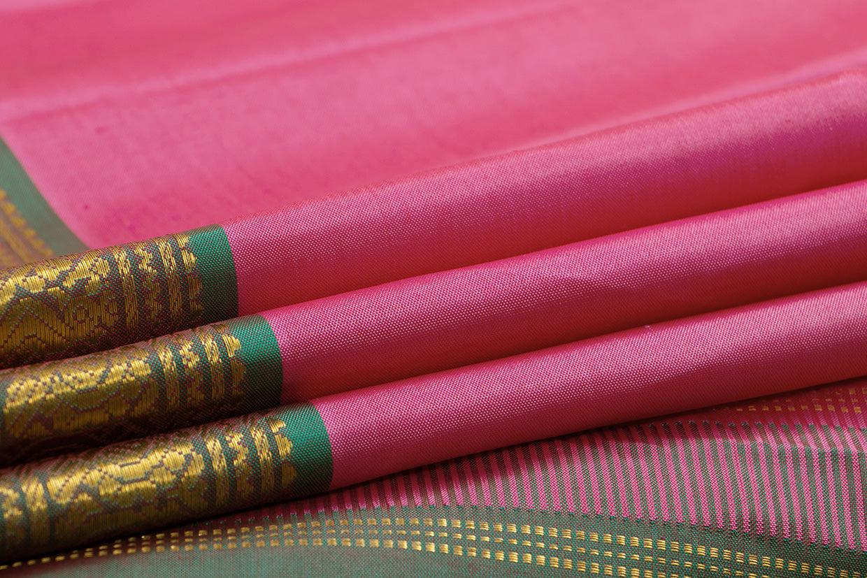 Pink And Green Kanchipuram Silk Saree With Short Border Handwoven Pure Silk For Festive Wear PV J 547 - Silk Sari - Panjavarnam PV J 547