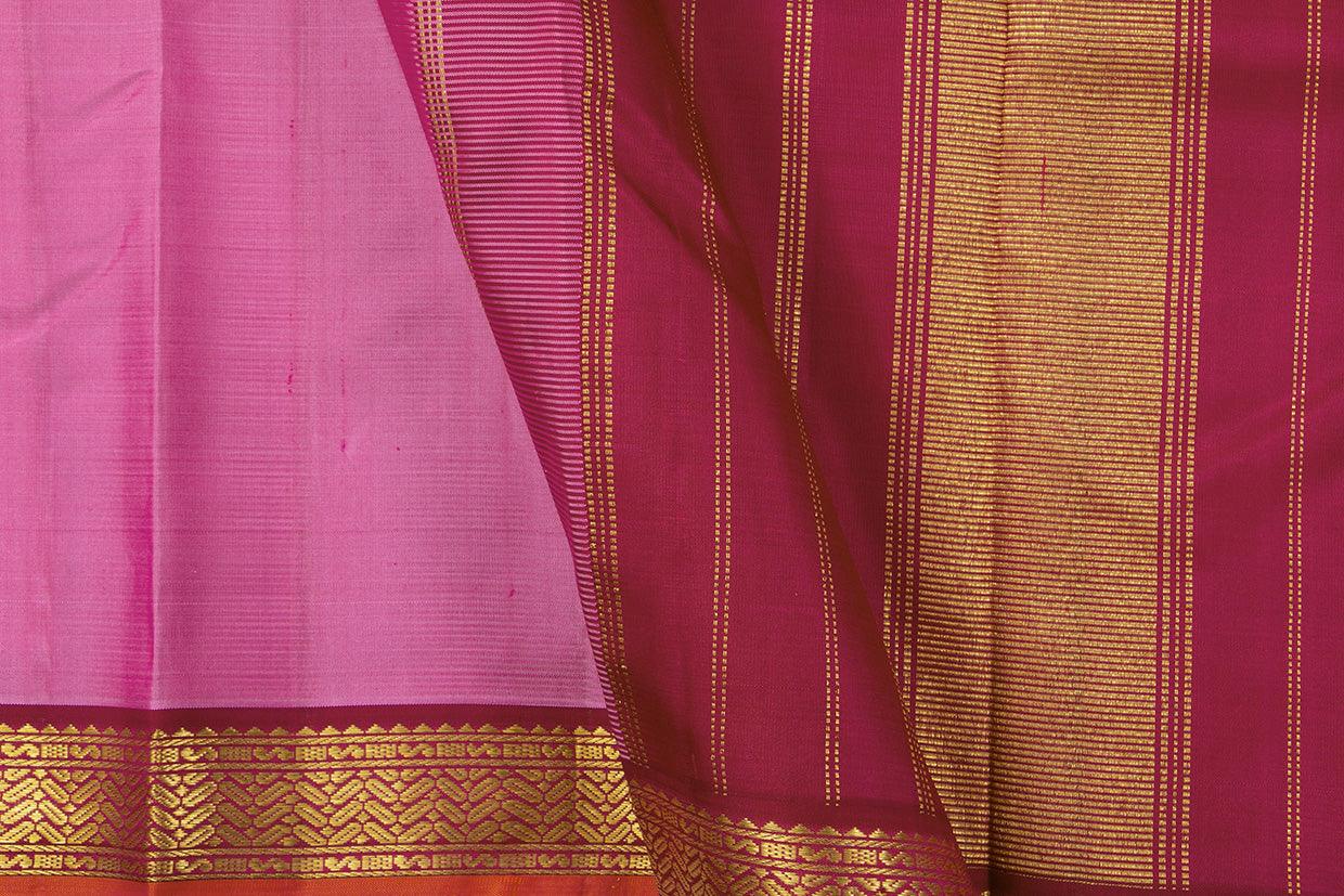 Pink And Maroon Kanchipuram Silk Saree With Small Border Handwoven Pure Silk For Festive Wear PV J 546 - Silk Sari - Panjavarnam