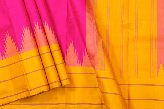 Pink And Mustard Temple Border Kanchipuram Silk Saree Light Weight For Festive Wear PV KNN 236 - Silk Sari - Panjavarnam