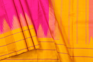 Pink And Mustard Temple Border Kanchipuram Silk Saree Light Weight For Festive Wear PV KNN 236 - Silk Sari - Panjavarnam PV KNN 236