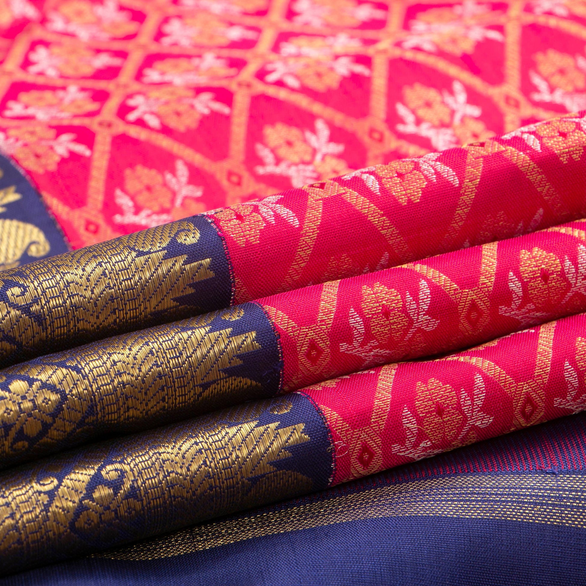 Pink And Navy Blue Kanchipuram Silk Saree For Wedding Wear PV NYC 1384 - Silk Sari - Panjavarnam PV NYC 1384