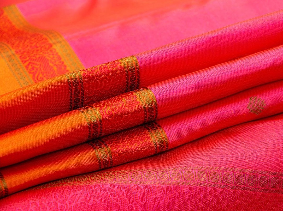 Pink And Orange Kanchipuram Silk Saree Handwoven Pure Silk No Zari For Festive Wear PV RM NZ 436 - Silk Sari - Panjavarnam