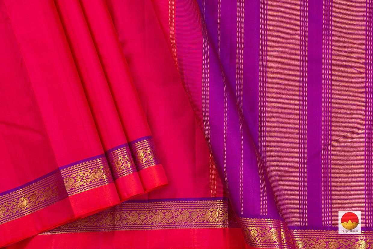 Pink And Red Dual Shade Kanchipuram Silk Saree With Purple Border Handwoven Pure Silk Pure Zari For Festive Wear PV J 6825 - Silk Sari - Panjavarnam