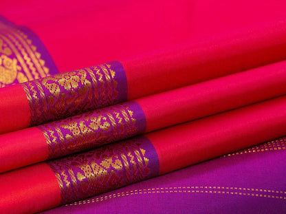 Pink And Red Dual Shade Kanchipuram Silk Saree With Purple Border Handwoven Pure Silk Pure Zari For Festive Wear PV J 6825 - Silk Sari - Panjavarnam