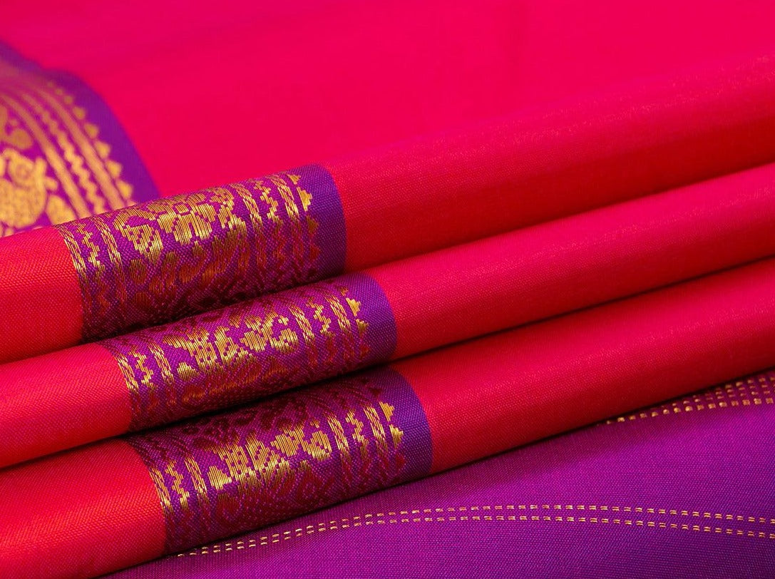 Pink And Red Dual Shade Kanchipuram Silk Saree With Purple Border Handwoven Pure Silk Pure Zari For Festive Wear PV J 6825 - Silk Sari - Panjavarnam PV J 6825