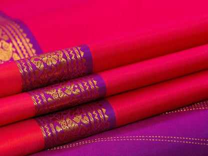 Pink And Red Dual Shade Kanchipuram Silk Saree With Purple Border Handwoven Pure Silk Pure Zari For Festive Wear PV J 6825 - Silk Sari - Panjavarnam PV J 6825