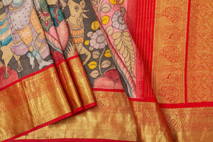 Pink And Red Handpainted Kalamkari Kanchipuram Silk Saree Krishna Leela Theme Pure Zari PV VSR KK 103 - Kalamkari Silk - Panjavarnam PV VSR KK 103