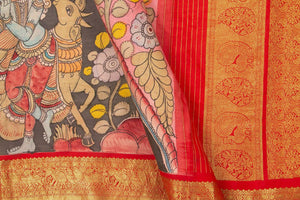 Pink And Red Handpainted Kalamkari Kanchipuram Silk Saree Krishna Leela Theme Pure Zari PV VSR KK 103 - Kalamkari Silk - Panjavarnam PV VSR KK 103