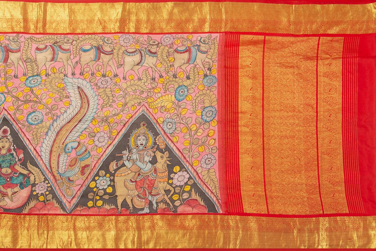 Pink And Red Handpainted Kalamkari Kanchipuram Silk Saree Krishna Leela Theme Pure Zari PV VSR KK 103 - Kalamkari Silk - Panjavarnam PV VSR KK 103