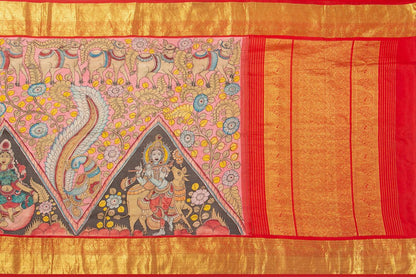 Pink And Red Handpainted Kalamkari Kanchipuram Silk Saree Krishna Leela Theme Pure Zari PV VSR KK 103 - Kalamkari Silk - Panjavarnam PV VSR KK 103