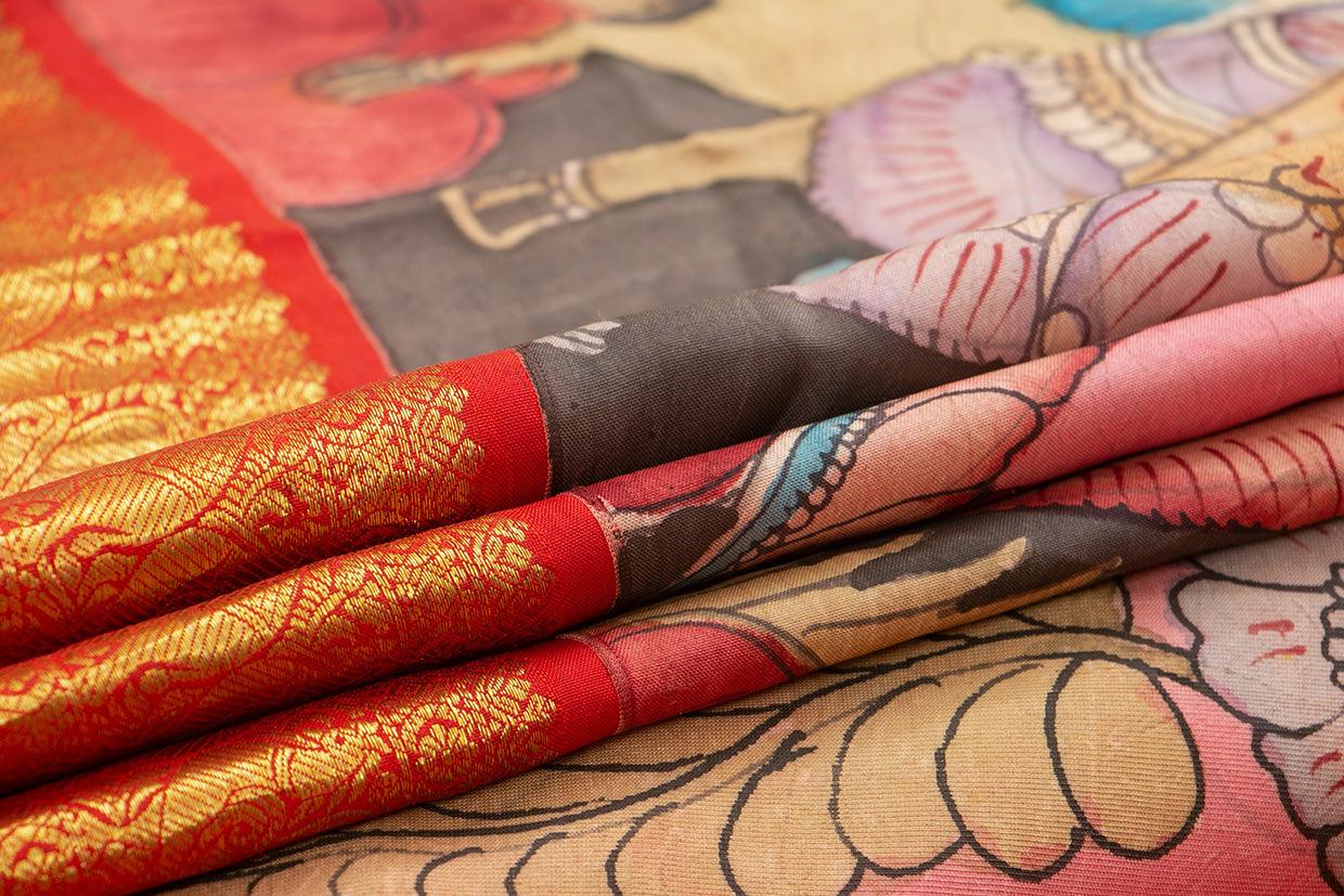 Pink And Red Handpainted Kalamkari Kanchipuram Silk Saree Krishna Leela Theme Pure Zari PV VSR KK 103 - Kalamkari Silk - Panjavarnam PV VSR KK 103