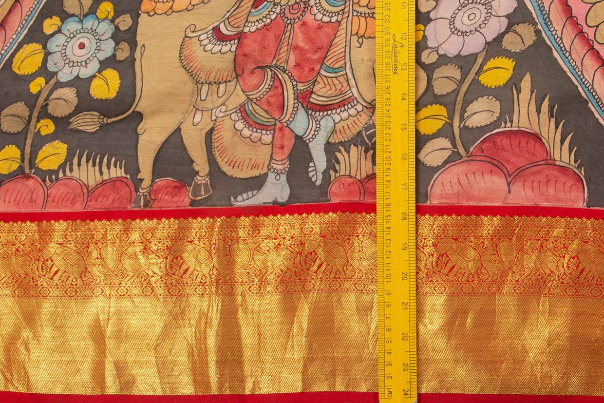 Pink And Red Handpainted Kalamkari Kanchipuram Silk Saree Krishna Leela Theme Pure Zari PV VSR KK 103 - Kalamkari Silk - Panjavarnam PV VSR KK 103