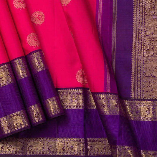 Pink And Violet Kanchipuram Silk Saree Handwoven Pure Silk Pure Zari With Rettai Pettu Border For Festive Wear PV GTA 93 - Silk Sari - Panjavarnam PV GTA 93