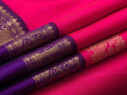 Pink And Violet Kanchipuram Silk Saree Handwoven Pure Silk Pure Zari With Rettai Pettu Border For Festive Wear PV GTA 93 - Silk Sari - Panjavarnam PV GTA 93