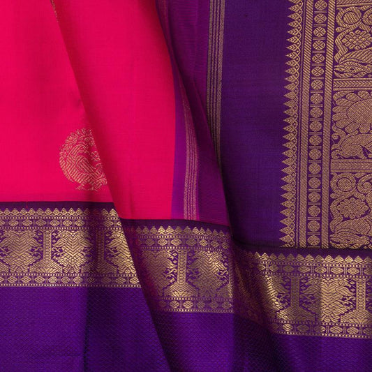 Pink And Violet Kanchipuram Silk Saree Handwoven Pure Silk Pure Zari With Rettai Pettu Border For Festive Wear PV GTA 93 - Silk Sari - Panjavarnam PV GTA 93