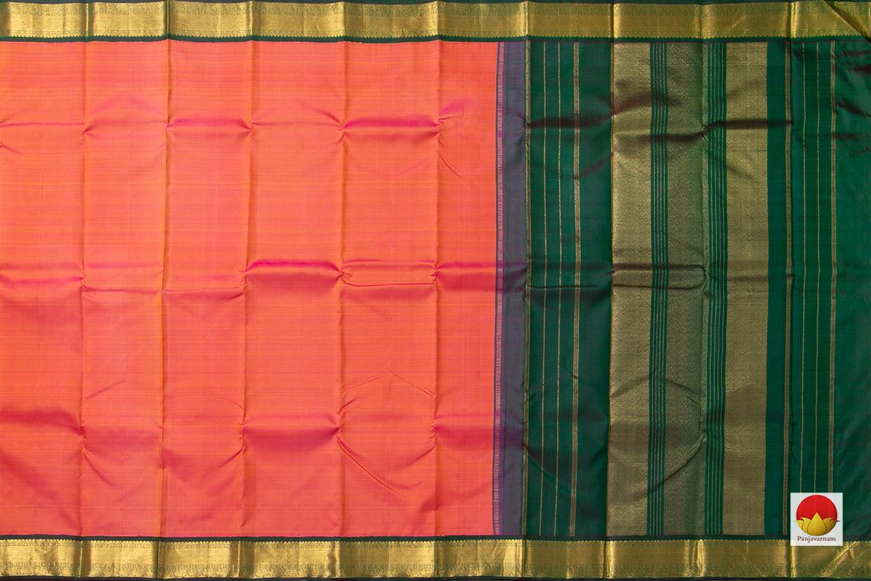 Pink And Yellow Double Shade Kanchipuram Silk Saree With Green Korvai Border Handwoven Pure Silk Pure Zari For Wedding Wear PV J 5770 - Silk Sari - Panjavarnam