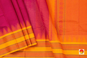 Pink And Yellow Kanchi Cotton Saree With Temple Korvai Border For Office Wear PV KC 399 - Cotton Saree - Panjavarnam PV KC 399