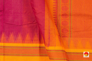 Pink And Yellow Kanchi Cotton Saree With Temple Korvai Border For Office Wear PV KC 399 - Cotton Saree - Panjavarnam PV KC 399