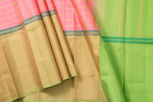 Pink, Beige, Green Mubbagam Kanchipuram Silk Saree With Long Border Handwoven Pure Silk For Festive Wear PV KNN 219 - Silk Sari - Panjavarnam