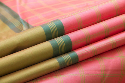 Pink, Beige, Green Mubbagam Kanchipuram Silk Saree With Long Border Handwoven Pure Silk For Festive Wear PV KNN 219 - Silk Sari - Panjavarnam PV KNN 219