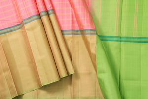 Pink, Beige, Green Mubbagam Kanchipuram Silk Saree With Long Border Handwoven Pure Silk For Festive Wear PV KNN 219 - Silk Sari - Panjavarnam PV KNN 219