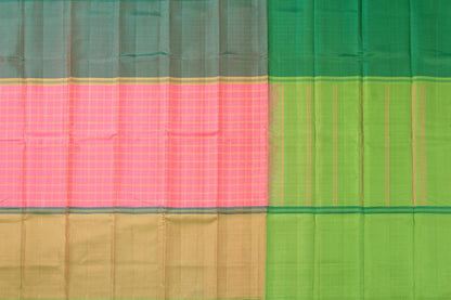 Pink, Beige, Green Mubbagam Kanchipuram Silk Saree With Long Border Handwoven Pure Silk For Festive Wear PV KNN 219 - Silk Sari - Panjavarnam PV KNN 219