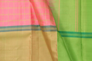 Pink, Beige, Green Mubbagam Kanchipuram Silk Saree With Long Border Handwoven Pure Silk For Festive Wear PV KNN 219 - Silk Sari - Panjavarnam PV KNN 219