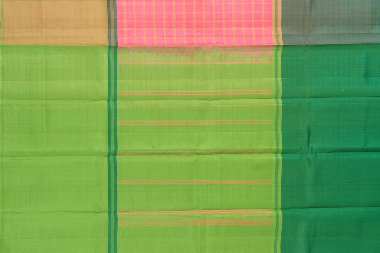 Pink, Beige, Green Mubbagam Kanchipuram Silk Saree With Long Border Handwoven Pure Silk For Festive Wear PV KNN 219 - Silk Sari - Panjavarnam PV KNN 219