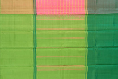 Pink, Beige, Green Mubbagam Kanchipuram Silk Saree With Long Border Handwoven Pure Silk For Festive Wear PV KNN 219 - Silk Sari - Panjavarnam PV KNN 219
