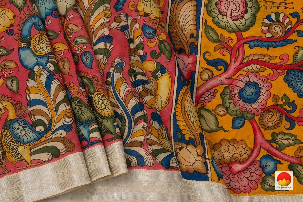 Pink Handpainted Kalamkari Mangalgiri Silk Saree Organic Dyes For Office Wear PKMS 48 - Kalamkari Silk - Panjavarnam PKMS 48