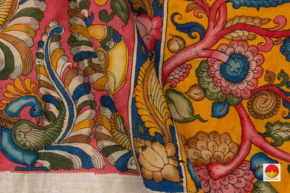 Pink Handpainted Kalamkari Mangalgiri Silk Saree Organic Dyes For Office Wear PKMS 48 - Kalamkari Silk - Panjavarnam PKMS 48