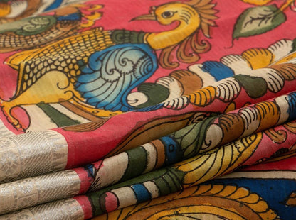 Pink Handpainted Kalamkari Mangalgiri Silk Saree Organic Dyes For Office Wear PKMS 48 - Kalamkari Silk - Panjavarnam PKMS 48