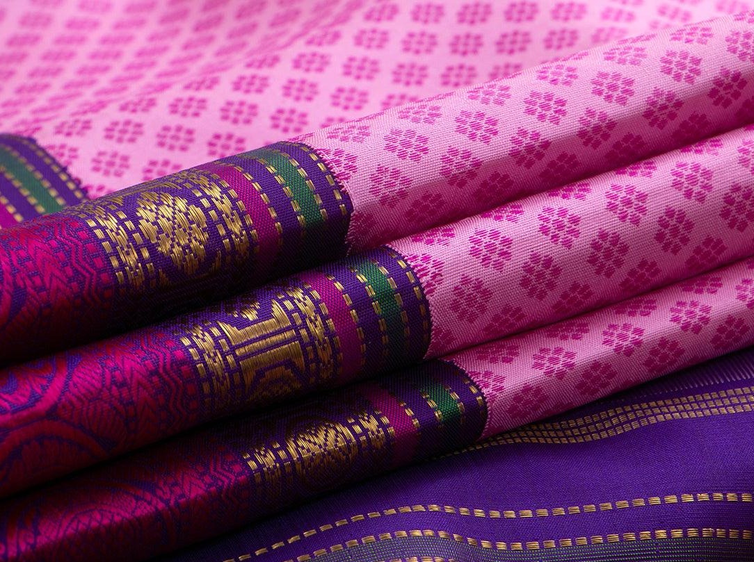 Pink Jacquard Kanchipuram Silk Saree With Blue Korvai Border Handwoven Pure Silk Pure Zari For Bridal Wear PV NYC 564 - Silk Sari - Panjavarnam