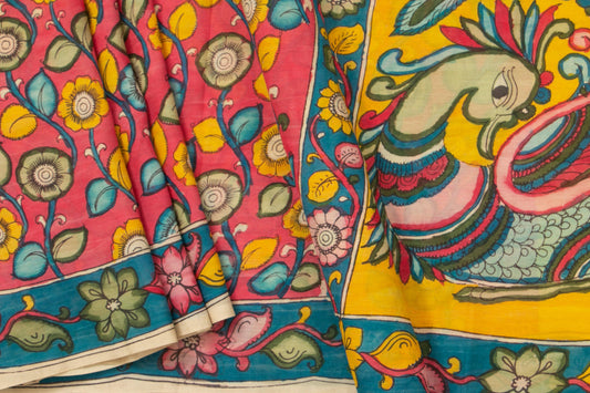 Pink Kalamkari Bangalore Silk Saree With Zari Border Handpainted Organic Dyes For Office Wear PKBS 574 - Kalamkari Silk - Panjavarnam 