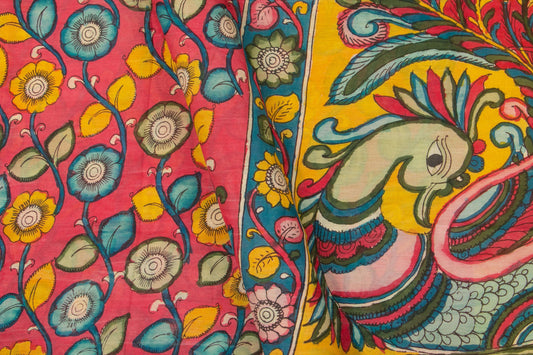 Pink Kalamkari Bangalore Silk Saree With Zari Border Handpainted Organic Dyes For Office Wear PKBS 574 - Kalamkari Silk - Panjavarnam 