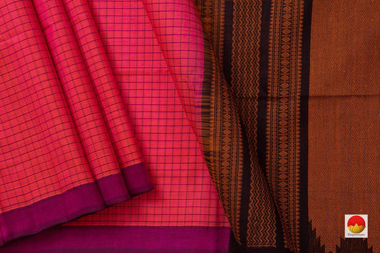 Pink Kanchi Silk Cotton Saree With Checks And Thread Work Handwoven For Office Wear KSC 1180 - Silk Cotton - Panjavarnam