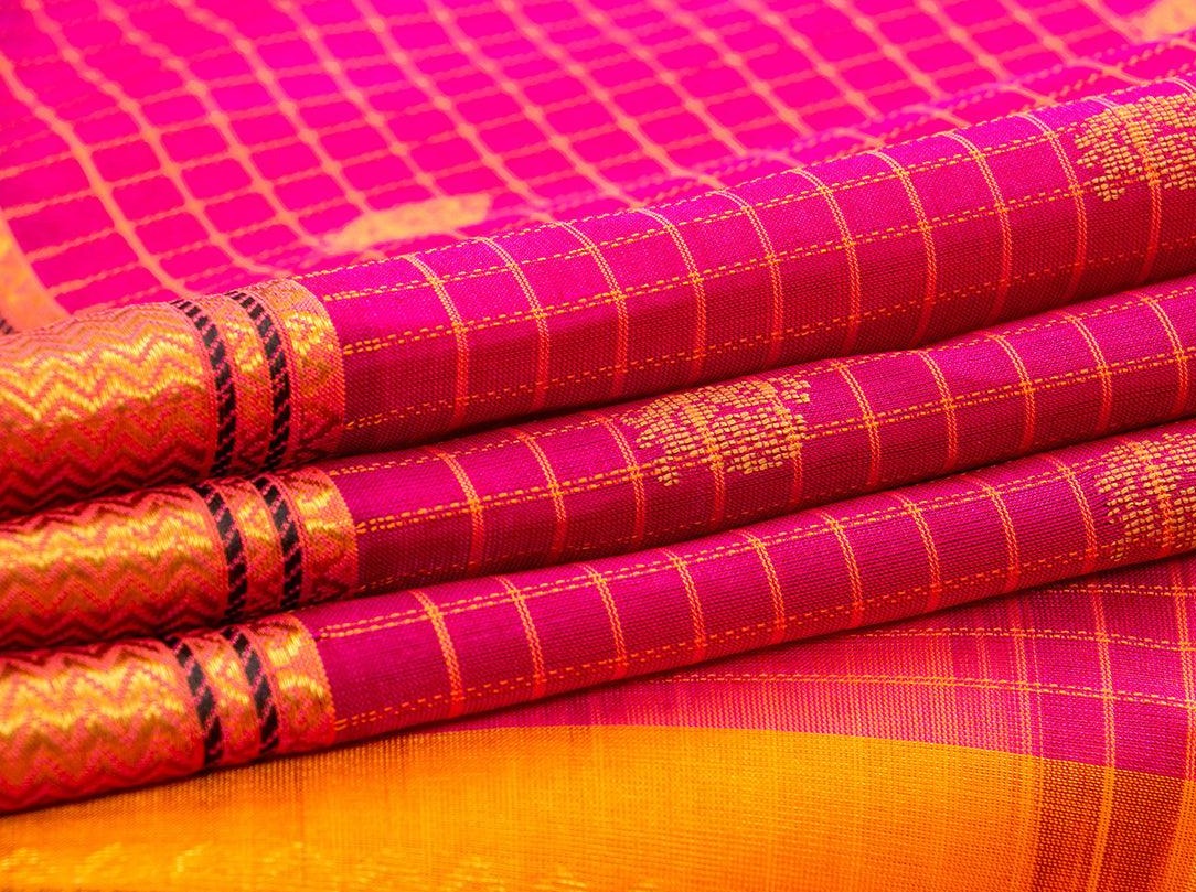 Pink Kanchi Silk Cotton Saree With Gold Zari And Silk Thread Work Handwoven For Festive Wear PV KSC 1205 - Silk Cotton - Panjavarnam