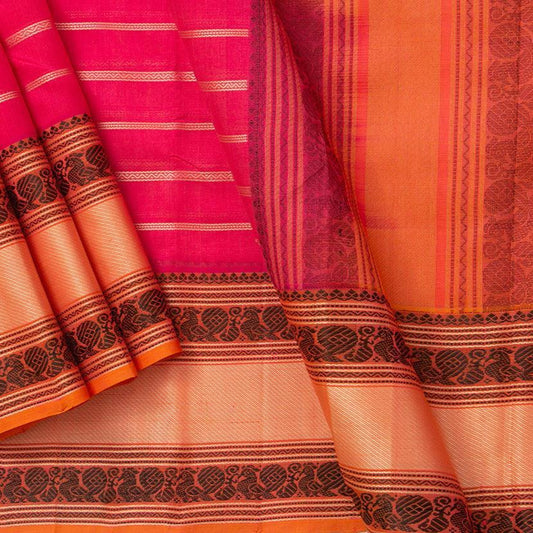 Pink Kanchi Silk Cotton Saree With Veldhari Stripes Handwoven For Office Wear KSC 1187 - Silk Cotton - Panjavarnam KSC 1187
