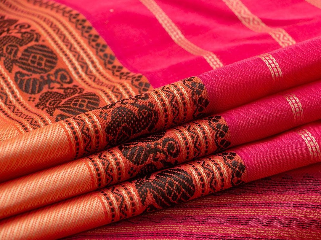 Pink Kanchi Silk Cotton Saree With Veldhari Stripes Handwoven For Office Wear KSC 1187 - Silk Cotton - Panjavarnam KSC 1187