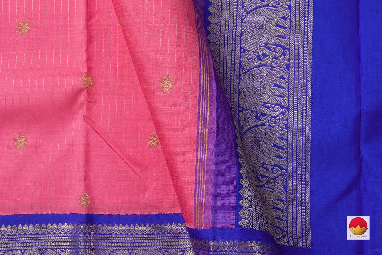 Pink Kanchipuram Silk Saree With Blue Korvai Rettai Pettu Border Handwoven Pure Silk Pure Zari For Bridal Wear PV NYC 938 - Silk Sari - Panjavarnam