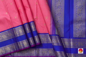 Pink Kanchipuram Silk Saree With Blue Korvai Rettai Pettu Border Handwoven Pure Silk Pure Zari For Bridal Wear PV NYC 938 - Silk Sari - Panjavarnam PV NYC 938