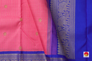 Pink Kanchipuram Silk Saree With Blue Korvai Rettai Pettu Border Handwoven Pure Silk Pure Zari For Bridal Wear PV NYC 938 - Silk Sari - Panjavarnam PV NYC 938