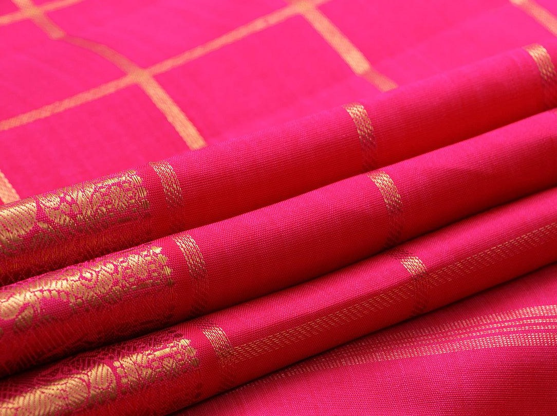 Pink Kanchipuram Silk Saree With Gold Checks Enclosing Chakram And Annam Motifs Handwoven Pure Silk Pure Zari For Wedding Wear PV NYC 900 - Silk Sari - Panjavarnam