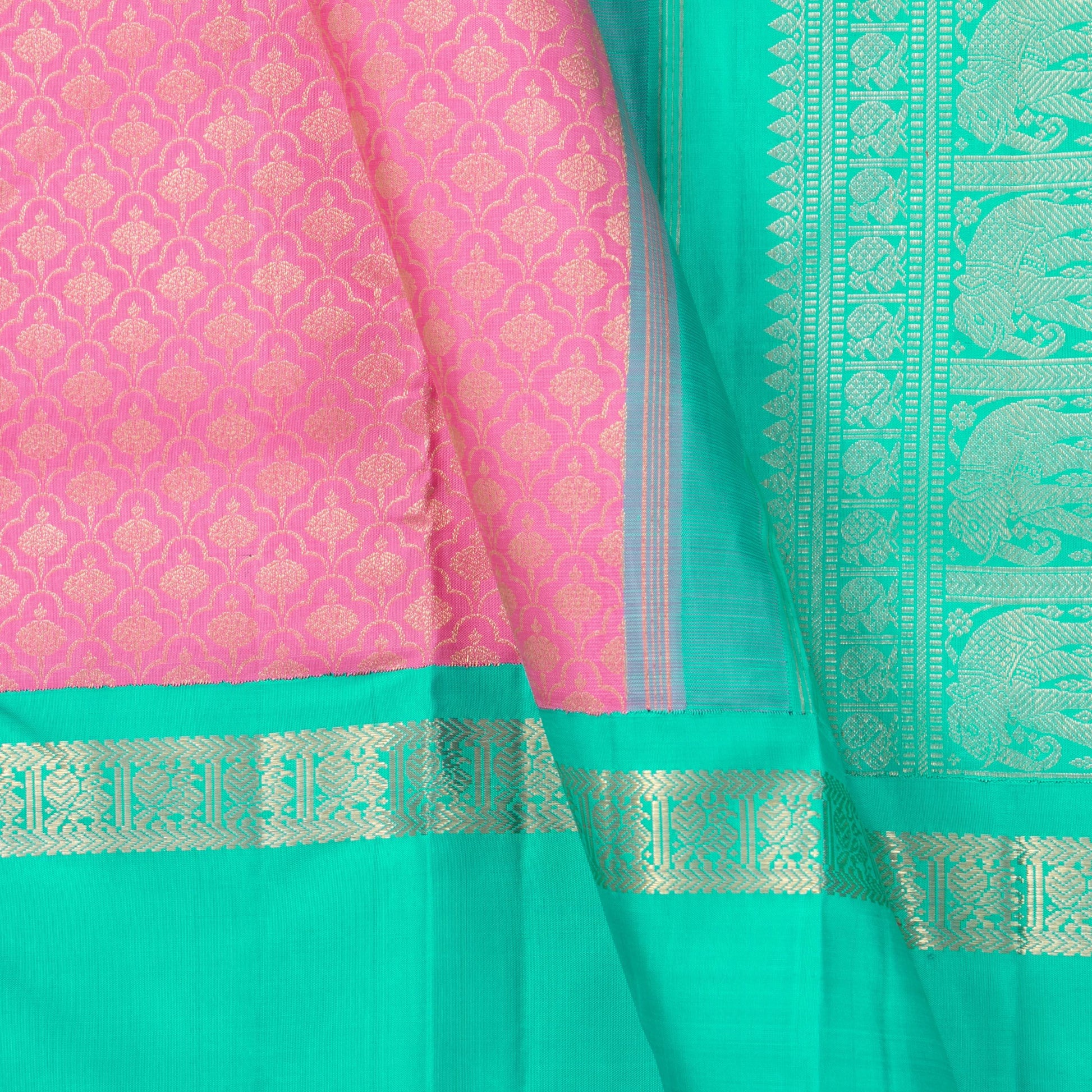 Pink Kanchipuram Silk Saree With Medium Ganga Jamuna Border Handwoven Pure Silk For Wedding Wear PV NYC 1145 - Silk Sari - Panjavarnam PV NYC 1145