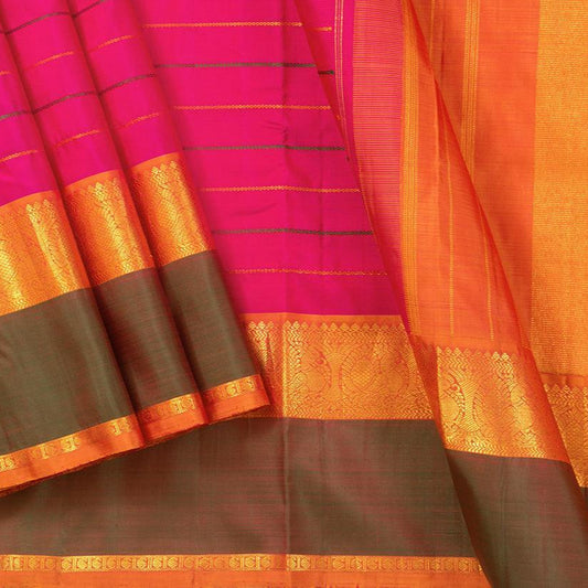 Pink Kanchipuram Silk Saree With Veldhari Stripes Handwoven Pure Silk Pure Zari For Festive Wear - PV J 7264 - Silk Sari - Panjavarnam PV J 7264